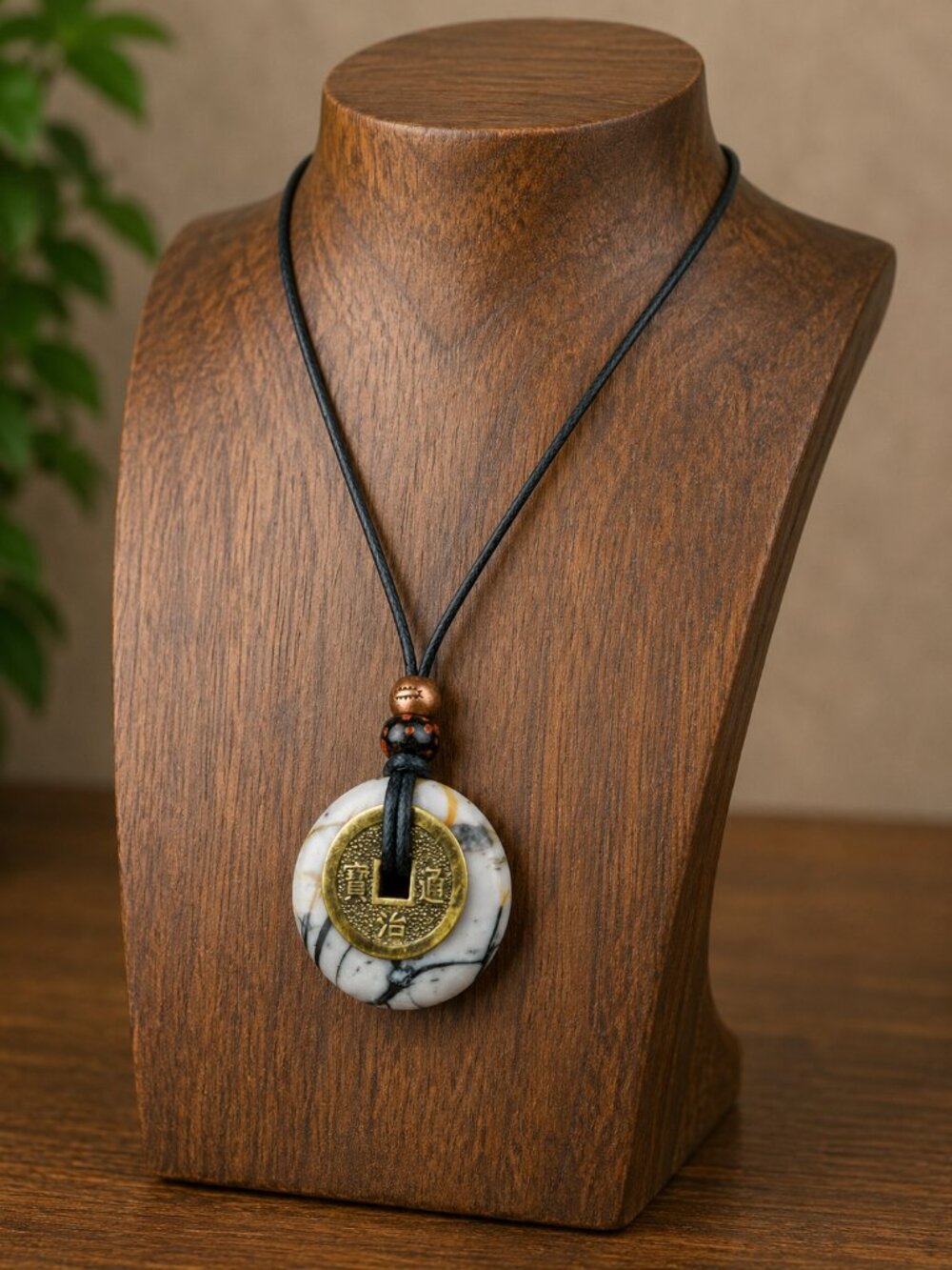 Picasso Jasper and Chinese Lucky Coin Pendant | Handmade - Picture 6 of 7